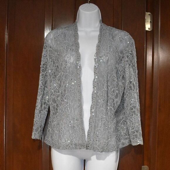 Karen Miller VTG Sequin Blazer L Light Blue Sheer Open Cardigan Glam Beaded - Picture 9 of 16